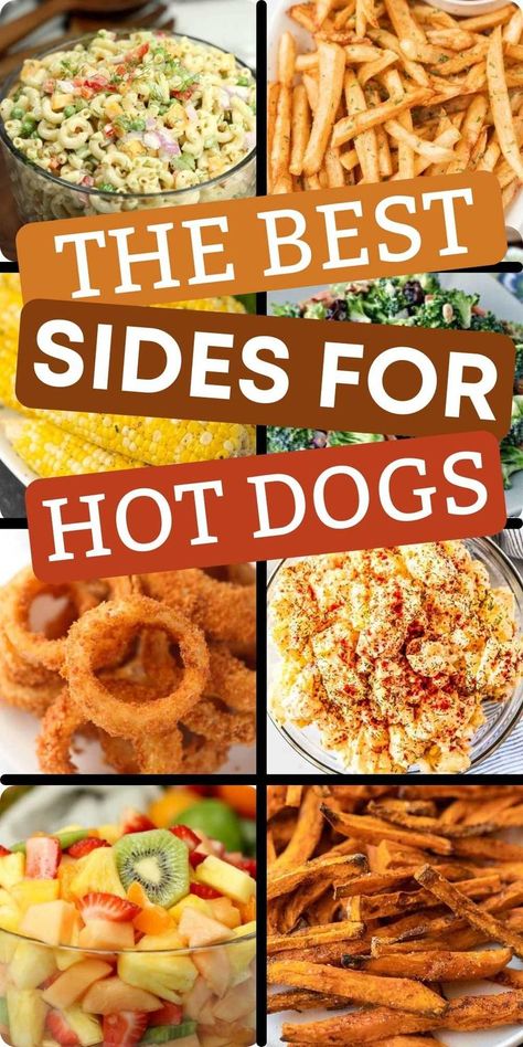 What to serve with hot dogs besides just regular potato chips. Here are 29 of the Best Side dishes for Hot Dogs that are easy to make. These are the best side dishes to serve at a party or for a dinner too! #eatingonadime #hotdogs #sidedishes #sidedishrecipes What To Eat With Hot Dogs Sides, Hot Dogs Party Ideas, What To Serve With Hot Dogs Dinners, Hot Dog Night Food Ideas, Sides For Hot Dogs Dishes, Hot Dog For Dinner, Side For Burgers And Hot Dogs, Hotdogs Side Dishes, Hot Dog Bbq Side Dishes