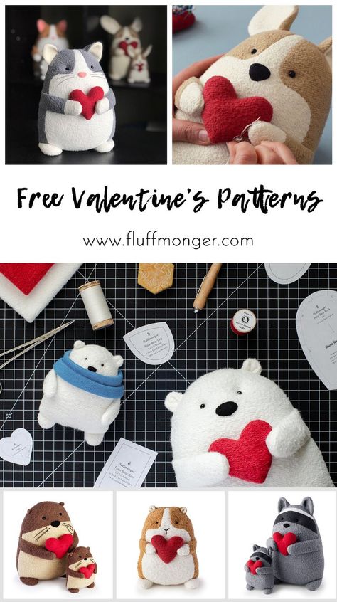 Free Valentine's Day Plush Sewing Patterns - V-Day DIY, V-Day Gifts, Valentine's Day sewing patterns, polar bear, raccoon, otter, cat, guinea pig, corgi stuffed animal Plush Sewing Patterns, Corgi Stuffed Animal, Valentines Patterns, Beginner Sewing Projects Easy, Pattern Sewing, Free Valentine, Leftover Fabric, V Day, Sewing Toys