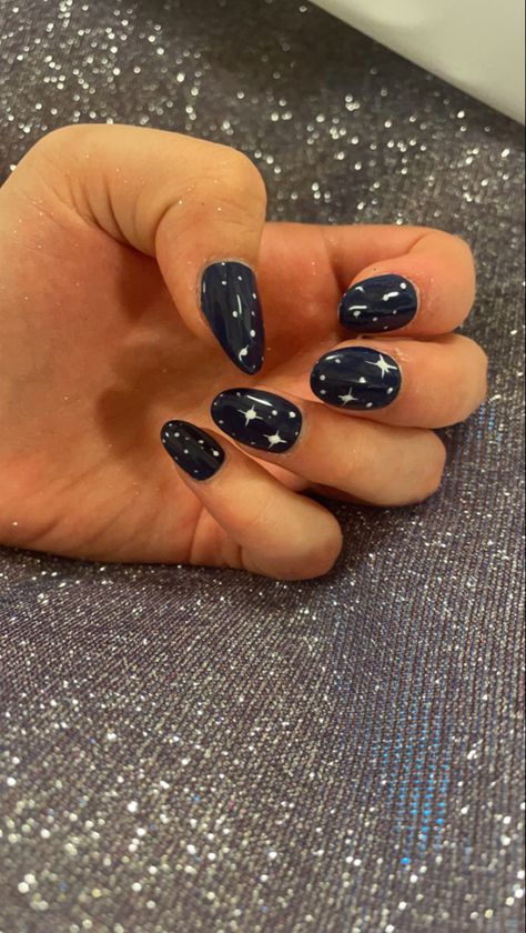 Dark Blue Nails With Stars, Dark Blue Star Nails, Almomd Nails, Stars Nails, Dark Blue Nails, Navy Blue Nails, Moon Nails, Cute Gel Nails, Dark Nails