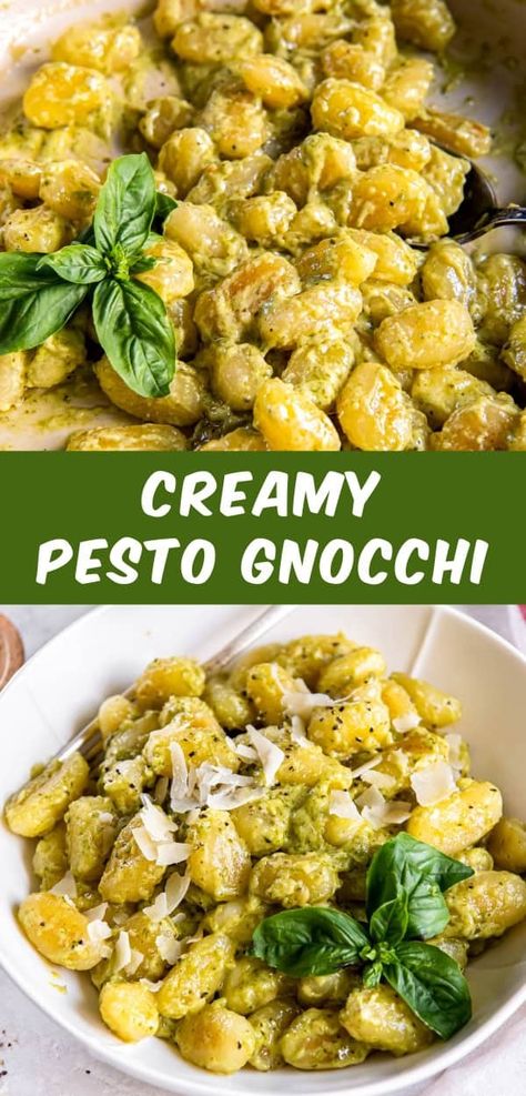 Make weeknights easy with this Creamy Pesto Gnocchi! You only need 6 ingredients and everything cooks in one skillet in under 20 minutes. Creamy Pesto Gnocchi, Creamy Gnocchi, Gnocchi Pesto, Pesto Gnocchi, Creamy Pesto Sauce, Homemade Gnocchi, Basil Recipes, Creamy Pesto, One Skillet