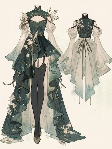 Fantasy Clothing Drawing Outfit Ideas, Fantasy Dress Design Art, Fancy Dress Drawing, Magical Outfits Drawing, Dnd Outfits Inspiration, Outfit Design Drawing, Sorceress Outfit, Cloth Drawing, Natural Dress