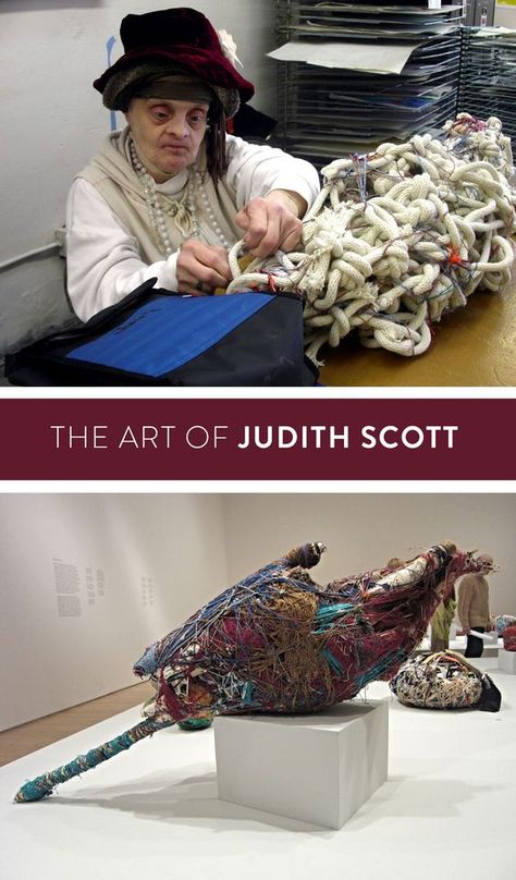 Judith Scott was a fiber artist who overcame immense obstacles throughout her life, only to be made stronger and more creatively-driven by them. She designed and made mixed media sculptures now seen all over the world. Judith Scott Sculpture, Judith Scott Artist, Soft Sculpture Art Projects, Textile Art Sculpture, Fiber Arts Projects, Mixed Media Weaving, Judith Scott, Recycled Fabric Art, What Is Contemporary Art