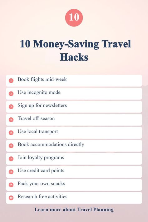 A list of money-saving travel hacks, including booking flights mid-week, using incognito mode for searches, signing up for newsletters, traveling during shoulder season, and utilizing local transportation apps. Hacks To Save Money, Cheap Travel Hacks, Credit Card Points, Easy Hacks, Book Flights, Loyalty Program, Booking Flights, Free Activities, Exploring The World