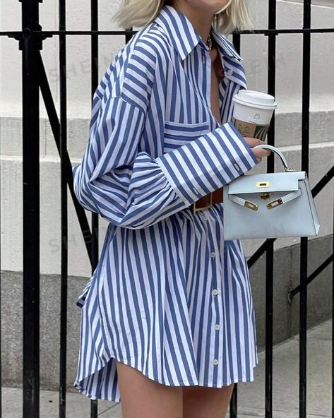 Taking an oversized shirt to a whole new level #shirtdress #oversizedshirt #styleinspiration #fashionpost #vetted Boyfriend Shirt Outfits, Striped Boyfriend Shirt, Blue And White Striped Shirt, Drop Shoulder Shirt, Fit Clothes, Fits Clothes, Boyfriend Shirt, Oversized Shirt, Stripe Print