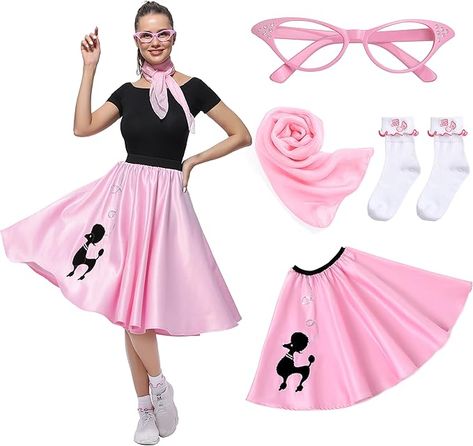 Kids Sock Hop Outfit, Sock Hop Outfits For Women, 50s Dress Up, Skirt With Scarf, Sock Hop Outfits, Girls Poodle Skirt, Sock Hop Costumes, 1950s Poodle Skirt, Grease Theme