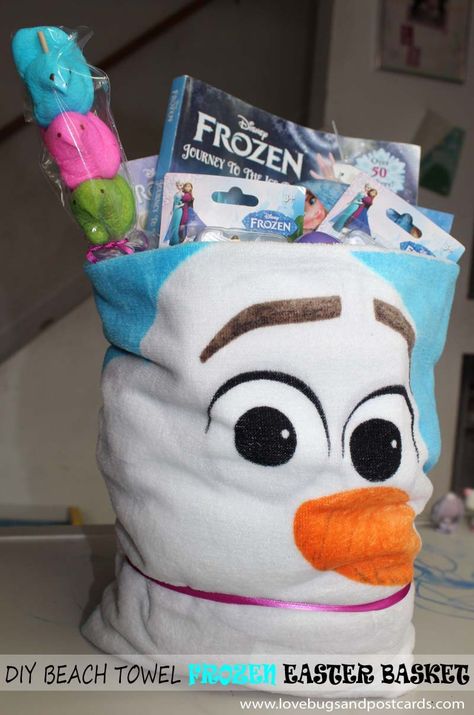 DIY Beach Towel Frozen Easter Basket Diy Beach Towel, Beach Towel Easter Basket, Towel Easter Baskets, Frozen Easter Basket, Frozen Diy, Shirt Pillows, Creative Easter Baskets, Easter Basket Crafts, Diy Beach