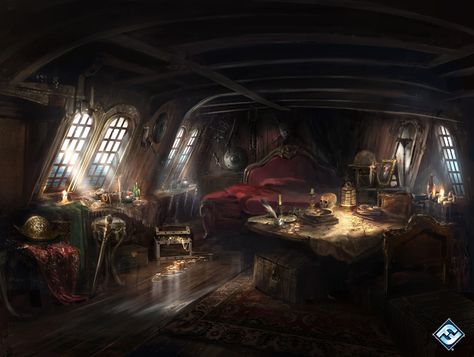 Pirate Ship Bedroom Concept Art, Fantasy Ship Interior, Pirate Ship Deck, Pirate Ship Bedroom, Fantasy Ship, Pirate Ship Art, Pirate Stuff, Dark Tide, Mermaid Stories