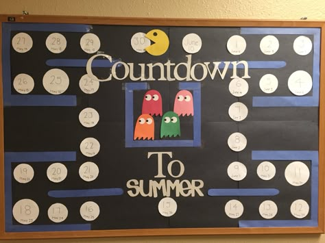 RA board. Countdown to summer- going to take away the days as pac man eats them and going to put the blue dead ghosts for dead week Countdown Bulletin Board Ideas, Countdown Bulletin Board, Graduation Countdown, Count Down To Summer, Summer Countdown, School Countdown, Countdown To Summer, Summer Bulletin Boards, Classroom Door Ideas