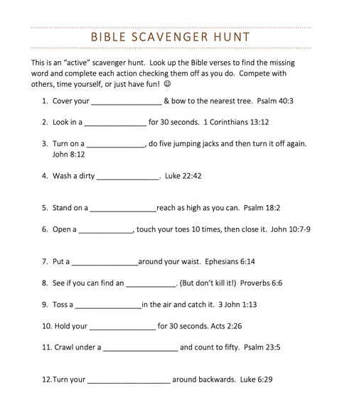 Bible Verse Fill In The Blank, Treasure Hunt Bible Lesson, Gospel Scavenger Hunt, Fill In The Blank Bible Worksheets, Ladies Scavenger Hunt Ideas, Indoor Bible Verse Scavenger Hunt, Genesis Scavenger Hunt, New Testament Scavenger Hunt, Youth Group Scavenger Hunt Church