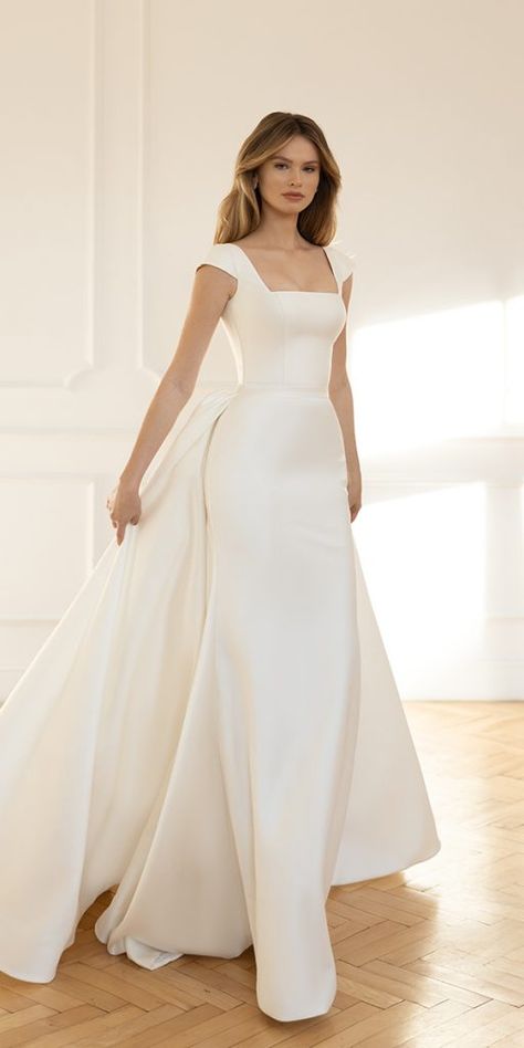 Trendy Wedding Dresses For 2023/24 ★ #bridalgown #weddingdress Simple Wedding Dress With Sleeves Classy Sophisticated Bride, Wedding Gown Vintage Classy, Wedding Dresses Mermaid Trumpet, Formal Wedding Dresses, Mikado Silk, Eva Lendel, Wedding Dresses Mermaid, Wedding Dress Cap Sleeves, Wedding Crashers