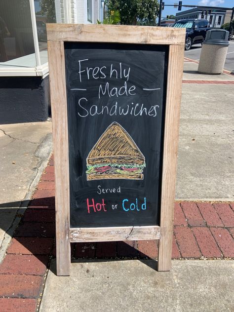 Made this sandwich sign for the place I work at! Super simple, but cute! Sandwich Board Sign, Sandwich Sign, Market Signage, Sandwich Board Signs, Panini Sandwich, Sandwich Bar, Sandwich Board, Food Graphic Design, Board Decoration