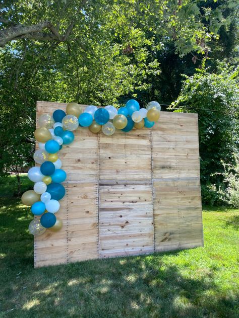 Balloon arch on wood pallets for a photo wall. Great for birthdays & graduations any celebration!!! Balloon Arch Ideas, Pallet Backdrop, Picnic Birthday Party, Arch Ideas, I Do Bbq, Light Backdrop, Picnic Birthday, Pallet Wall, Park Photos