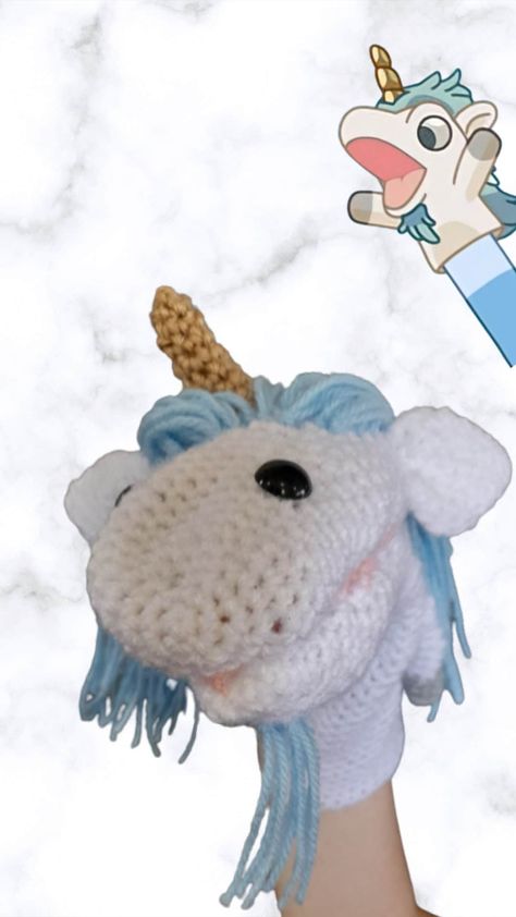 This fun unicorn puppet was made for young and young at heart to play with their favourite character for real life! It sure helps the motivation and kids love to listen to this guy! Puppet made from pattern by Helen McLean of Sew Sew Baby  https://www.etsy.com/au/listing/627959719/uli-the-unicorn-hand-glove-puppet Crochet Puppets Pattern Free, Unicorn Puppet, Crochet Dinosaur Hand Puppet, Crochet Puppets Hand, Finger Puppet Crochet, Crochet Unicorse Bluey Pattern, Crochet Unicorn Hand Puppet, Glove Puppets, Hand Gloves