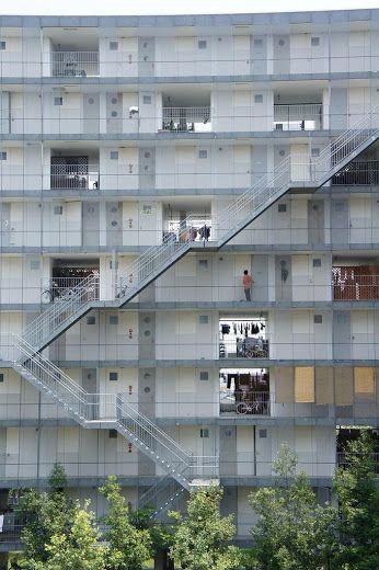 SANAA | a f a s i a Suspended Building, Sanaa Architecture, Apartment Building Exterior, Outside Stairs, Collective Housing, Building Stairs, Exterior Stairs, Stairs Architecture, Social Housing