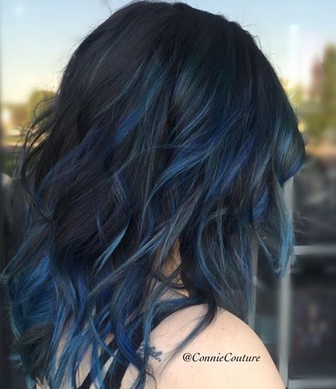 Women Hair Highlights Colour, Dark Hair With Navy Blue Highlights, Blue Hair On Dark Hair, Dark Hair With Blue Streaks, Dark Blue Hair Color Highlights, Hair Dye Blue Highlights, Blue Bolyoge Hair, Dark Hair With Dark Blue Highlights, Blue Lowlights In Black Hair