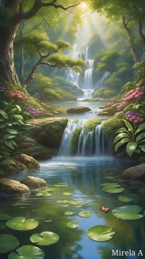 Water Falls Drawing, Waterfall Scenery Drawing, Swamp Drawing, Waterfall Background Drawing, Waterfall Painting, Waterfall Digital Art Tutorial, Magical Waterfall Art, Tropical Waterfall Painting, Waterfall Drawing