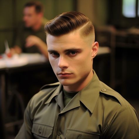 The Military High Fade Comb Over: A Blend of Discipline and Style High Fade Haircut Mens, Barber Haircut Styles, Short Hairstyles For Men Fade Military Haircuts, High Fade Comb Over, Formal Military Double-breasted Outerwear, Military Fade, Marine Haircut, Brylcreem Hairstyles, Silver Fox Hair