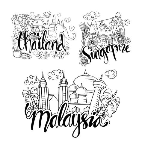 Doodle Malaysia Madani, Singapore Travel Journal, Malaysia Doodle Art, Singapore Illustration Graphics, Singapore Doodle, Doodle Merdeka Malaysia, Payung Merdeka, Doodle Art Travel, Thailand Doodle