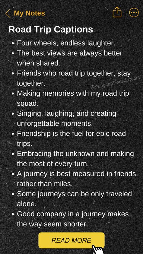Hit the open road with your besties and capture every moment with our ultimate collection of Road Trip Captions With Friends! Whether you’re cruising down scenic highways, exploring hidden gems, or just laughing your way through endless miles, these captions are perfect for making your social media posts as memorable as the journey itself. Road Trip Captions, Captions With Friends, Trip Captions, Adventure Captions, Travel With Friends Quotes, Of Captions, Instagram Captions Clever, Love Story Video, Caption For Friends