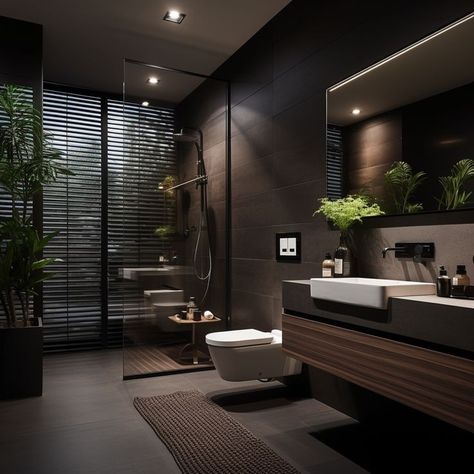 Modern Bathroom Design With Plants, Black Interior Bathroom Design, Wooden Black Bathroom, Dark Cozy Bathroom, Green Modern Bathroom, Beautiful Bathrooms Modern, Modern Dark Bathroom, Small Dark Bathroom Ideas, Dark Modern House Interiors