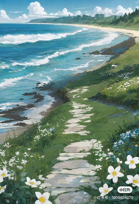 Studio Ghibli Sea Scenery, Watercolor Scenery Landscape Paintings, Beach Background Drawing, Aesthetic Scenery Drawing, Studio Ghibli Art Landscape, Watercolor Paintings Scenery, Studio Ghibli Water, Anime Beach Art, Watercolor Waterscape