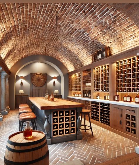 In Ground Wine Cellar, Man Cave Wine Cellar, Basement Wine Room Ideas, Tuscan Wine Cellar, Spanish Wine Cellar, Hidden Wine Room, Designer Houses Interior, Wine Cellar Tasting Room, Wine Cellar Underground