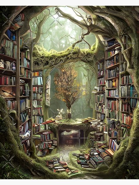 Fantasy Tree Library, Library In Forest, Magic Library Illustration, Forest Themed Library, Enchanted Forest Library, Fantasy Library Concept Art, Mushroom Library, Magical Library Fantasy Art, Magic Library Aesthetic