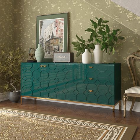 Boho Buffet Cabinet, Emerald Green Furniture, Boho Buffet, Emerald Room, Bold Furniture, Sideboard With Drawers, Cabinet For Living Room, High Cabinet, Tv Stand Cabinet