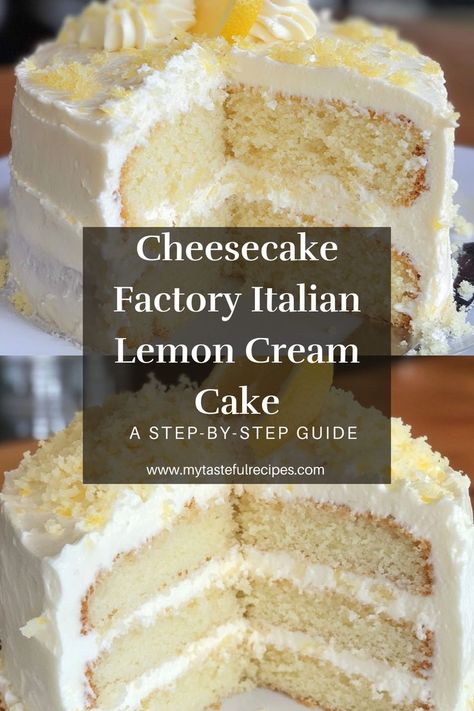 Recreate the magic of the Cheesecake Factory at home with this Italian Lemon Cream Cake! With bright lemon flavors and a velvety cream filling, this cake is sure to impress family and friends alike! Italian Lemon Cream Cake Recipe, Cheesecake Factory Cakes, Italian Lemon Cream Cake, Homemade Lemon Cake Recipe, Lemon Dream Cake, Italian Lemon Cake, Homemade Lemon Cake, Italian Lemon Pound Cake, Italian Cream Cake Recipe