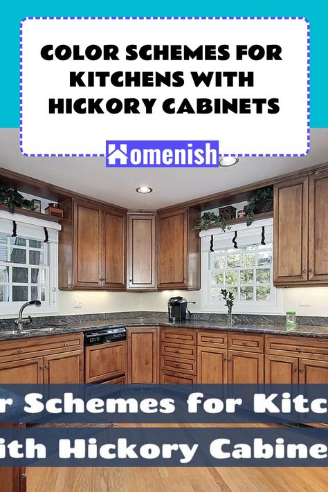 If you’ve moved into a home with a hickory kitchen, you might be thinking about what accessories or wall colors will go with it to give the space a new look. Hickory cabinets are solid and durable, so if you like the look of them then there’s no need to replace them. Instead, paint the walls and update the furnishings to give your kitchen a makeover. Here we explore the best color schemes to use with hickory kitchens. Hickory Kitchen Cabinets With Black Countertops, Colors That Go With Hickory Cabinets, Dark Stain Hickory Cabinets, Hickory Kitchen Cabinets Wall Colors, Knotty Hickory Cabinets, Stained Hickory Cabinets, Kitchen Cabinet Color Schemes, Hickory Kitchen Cabinets, Dark Brown Walls