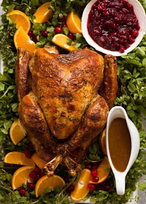 Juicy Roast Turkey decorated on platter Easy Thanksgiving Sides, Puerto Rican Style, Traditional Turkey, Giblet Gravy, Whole Turkey Recipes, Flexitarian Recipes, Recipetin Eats, Whole Turkey, Roast Turkey