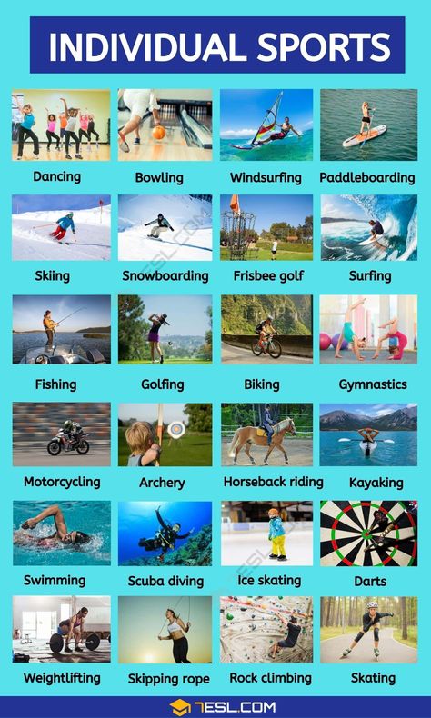 Individual Sports Pictures, Sports To Do, List Of Sports To Try, Sport Vocabulary, List Of Talents, Type Of Sports, Sports List, List Of Sports, Sport English