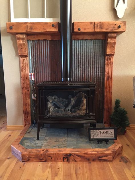 Metal Behind Wood Stove, Pellet Stove Back Wall, Wood Stove Platform Ideas, Freestanding Stove Fireplace Ideas, Corner Hearth Ideas For Wood Stove, Wood Burning Stove Hearth Ideas, Diy Wood Stove Hearth, Wood Stove Mantel Ideas, Wood Burning Stove With Mantle