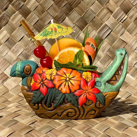 Tiki tOny's Flower Boat Canoe - Ceramic Tiki Mug - Limited Edition / Limited Time Pre-Order Tiki Lounge, Tiki Mug, Tiki Art, Enchanted Tiki Room, Event Menu, Vintage Tiki, Tiki Room, Swizzle Sticks, Metal Bar