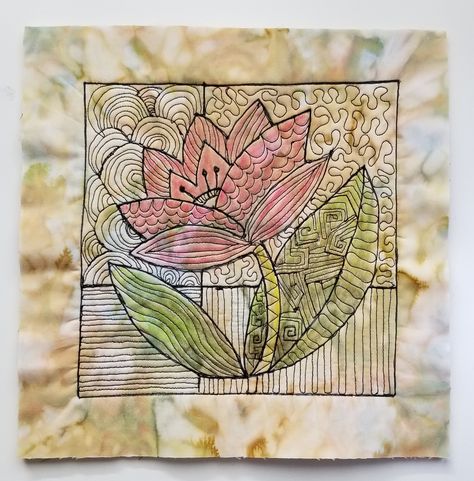 Block # 2 of 9- flower power quilt along- Fun with Helen Godden. Helen Godden, Graffiti Quilting, Leaf Quilts, Thread Sketching, Folded Star, Photo Note Cards, Concrete Leaves, Painted Glassware, Flower Quilts