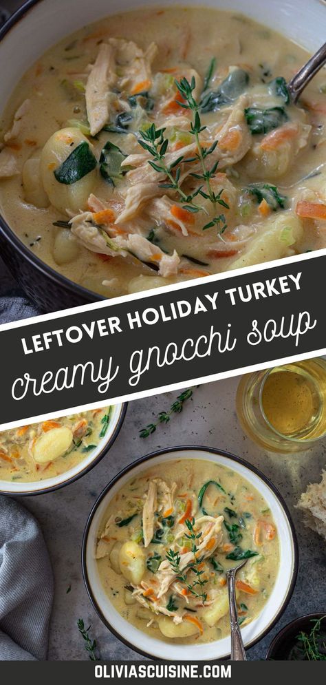 This Creamy Leftover Turkey Soup with Gnocchi makes the most out of that leftover Thanksgiving (or Christmas) turkey that has been sitting in your fridge! Hearty and delicious, this easy soup recipe with leftover turkey will warm you up from inside out. Leftover Thanksgiving Turkey Soup, Leftover Turkey Soup Instant Pot, Thanksgiving Soup Leftovers, Best Turkey Soup From Carcass Recipes, Soup Leftover Turkey, Turkey Soup With Leftover Turkey, Thanksgiving Leftover Soup Recipes, Leftover Thanksgiving Soup, Leftover Turkey Soup Crockpot