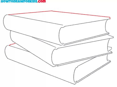 How to Draw Stacked Books - Easy Drawing Tutorial For Kids How To Draw Books Stacked, Book Stack Clipart, How To Draw A Stack Of Books Easy, Book Stack Drawing Easy, How To Draw Stacked Books, Stacked Books Illustration, Books Reference Drawing, How To Draw A Stack Of Books, Reading Nook Drawing