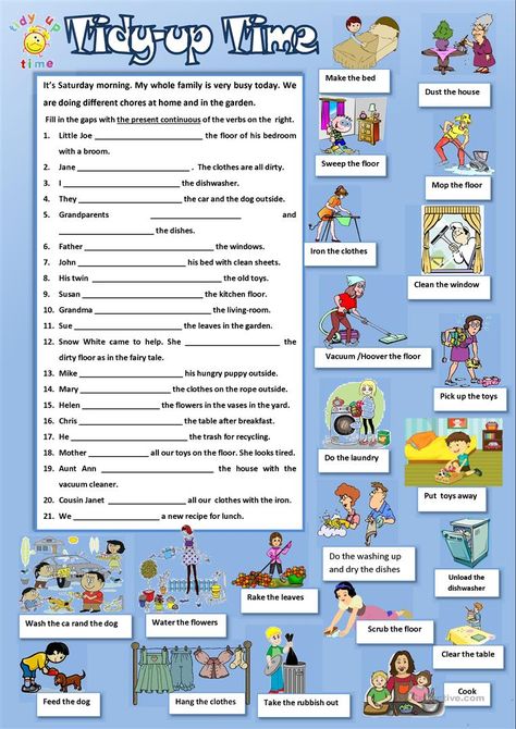 Tidy-up Time - English ESL Worksheets for distance learning and physical classrooms Learn Thai Language, Writing Mini Lessons, English Play, Free Time Activities, Present Continuous, Learn Thai, English Activities For Kids, English Exercises, Teaching English Grammar