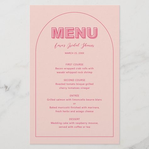 Pink Menu Design, Diy Menu Cards, Rock Shrimp, Menu Card Design, Red Drinks, Bridal Shower Menu, Menu Flyer, Raspberry Mousse, Tomato Bisque