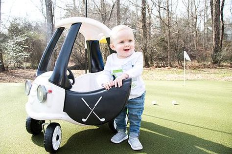 DIY Golf Cart Cozy Coupe Makeover @allshewrotenotes Golf Birthday Party Little Tykes Coupe Golf Cart, Cozy Coupe Makeover Golf Cart, Golf Cozy Coupe, Masters Themed Birthday Party, Cozy Coupe Golf Cart, Diy Golf Cart, 1st Birthday Boy Golf Theme, Cozy Coupe Makeover Boys, Baby Golf Birthday Party