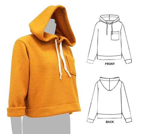 FREE - Cropped Hoodie with Dropped Shoulders Sewing Pattern Hoodie Sewing Pattern Free, Sewing Pattern Free, Unique Sewing Patterns, Hoodie Sewing, Hoodie Sewing Pattern, Patterns Clothing, Beginner Sewing Patterns, Free Crop, Free Sewing Pattern