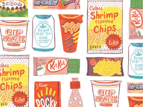 Japanese snacks Asian Snacks Drawing, Asian Snacks Illustration, Stiker Snack, Snacks Wallpaper, Snacks Drawing, Snack Drawing, Snacks Illustration, Asian Stickers, Snack Illustration