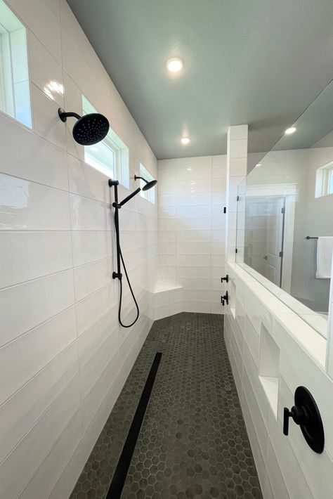 Large Tiled Shower Ideas Walk In, Shower With Dark Tile, Shower Floors Ideas Walk In, Modern Farmhouse Walk In Shower Ideas, Car Wash Shower Master Bath, Dark Tile Shower Floor, Master Bath Black Floor, Walk Behind Shower Master Bath, Large Walkin Shower Ideas No Door