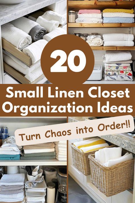 Tired of a messy linen closet? Discover 20 game-changing organization ideas designed for small linen closets. Make your closet neat and functional with these simple, effective storage tips! #LinenClosetOrganization #SmallClosetStorage #SpaceSavingTips #OrganizedHome #ClosetOrganization Deep Closet Storage Solutions, Organizing Ideas For Linen Closet, Small Closet With Vanity Built In, Creative Linen Storage Ideas, Storage Drawers Closet, Linen Closet Sheet Storage, Organized Linen Closet Ideas, Small Linen Cupboard Organisation, Airbnb Linen Closet