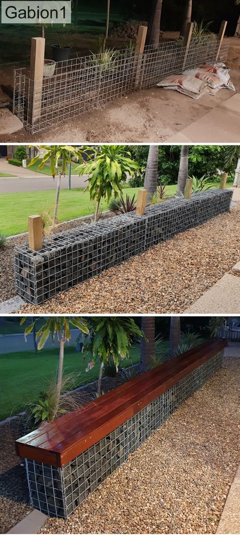 Gabion Stairs, Gabion Ideas, Furniture Construction, Fire Area, Deck Seating, Front Gardens, Gabion Wall, Paver Patio, Small Backyard Design