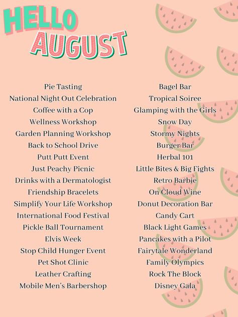 Beat the heat with our August summer events and activities that will make your summer sizzle! #eventservices #partyplanner #partyideas #partytime #party #partyinspiration #eventservice #activities #events #eventsindustry #eventslife #realestate #multifamilyrealestate #eventplanning #seniorcitizens #partyplanning #motivation #chaoscoordinator #activeadultliving #seniorliving #summerdays #tipsandtricks #tuesdaymotivation #TuesdayTips #activities_outofthebox #ideas #activitiesforseniors Social Events Ideas College, Nursing Home Event Ideas, August Senior Activities, Community Events Activities, Social Event Ideas Activities, College Wellness Events, Fun Community Event Ideas, College Activities Events Student Fun, Work Events Ideas Activities