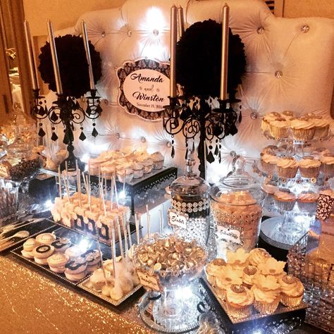 White, black and silver dessert table by Glam Candy Buffets for a vow renewal! Black Treat Table Ideas, Silver Dessert Table Ideas, Black And Silver Dessert Table, Black And Gold Dessert Table Ideas, Black Dessert Table, Silver Dessert Table, Black Gold Silver Party, Silver Candy Buffet, White Party Foods