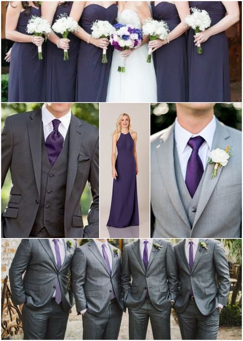 Grey Suits and Dark Purple Dresses Gray And Purple Wedding Theme, Grey And Plum Groomsmen Suits, Grey And Purple Groomsmen Suits, Dark Grey Suit Purple Tie, Purple Bridesmaid Grey Groomsmen, Dark Grey And Purple Wedding, Dark Purple And Gray Wedding, Deep Purple Tuxedo Wedding, Dark Gray Wedding Theme