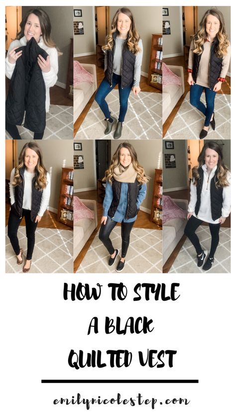 Black Quilted Vest Outfit, Black Vest Outfits For Women Casual, Black Vest Outfits For Women, Style Black Vest, Fleece Vest Outfit, Winter Vest Outfits, Quilted Vest Outfit, How To Style A Vest, Black Winter Vest