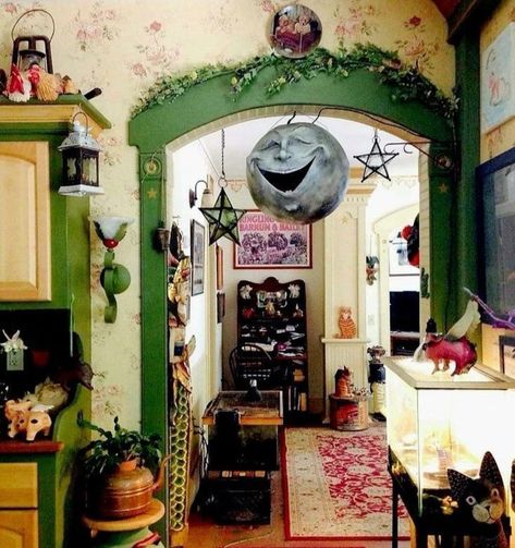 Obscure Interior Design, Whimsigoth Architecture, Home Decor Maximalism Vintage, Hobbit Hole Home Decor, Whimsigothic Maximalism, Punk Kitchen Decor, Avant Garde Apartment, Whimsigothic Furniture, Witchy Painted Furniture